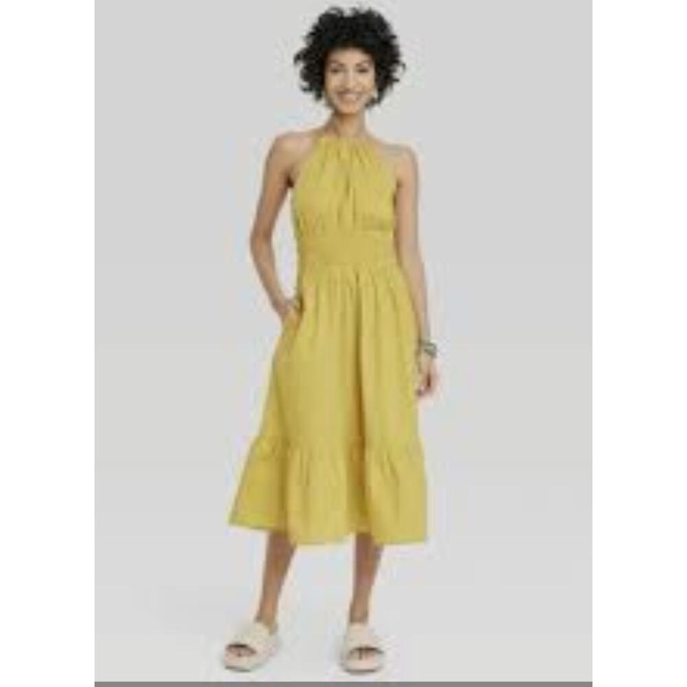 A New Day 100% Cotton Mustard Yellow Gold Halter Midi Dress Size XL See Pics